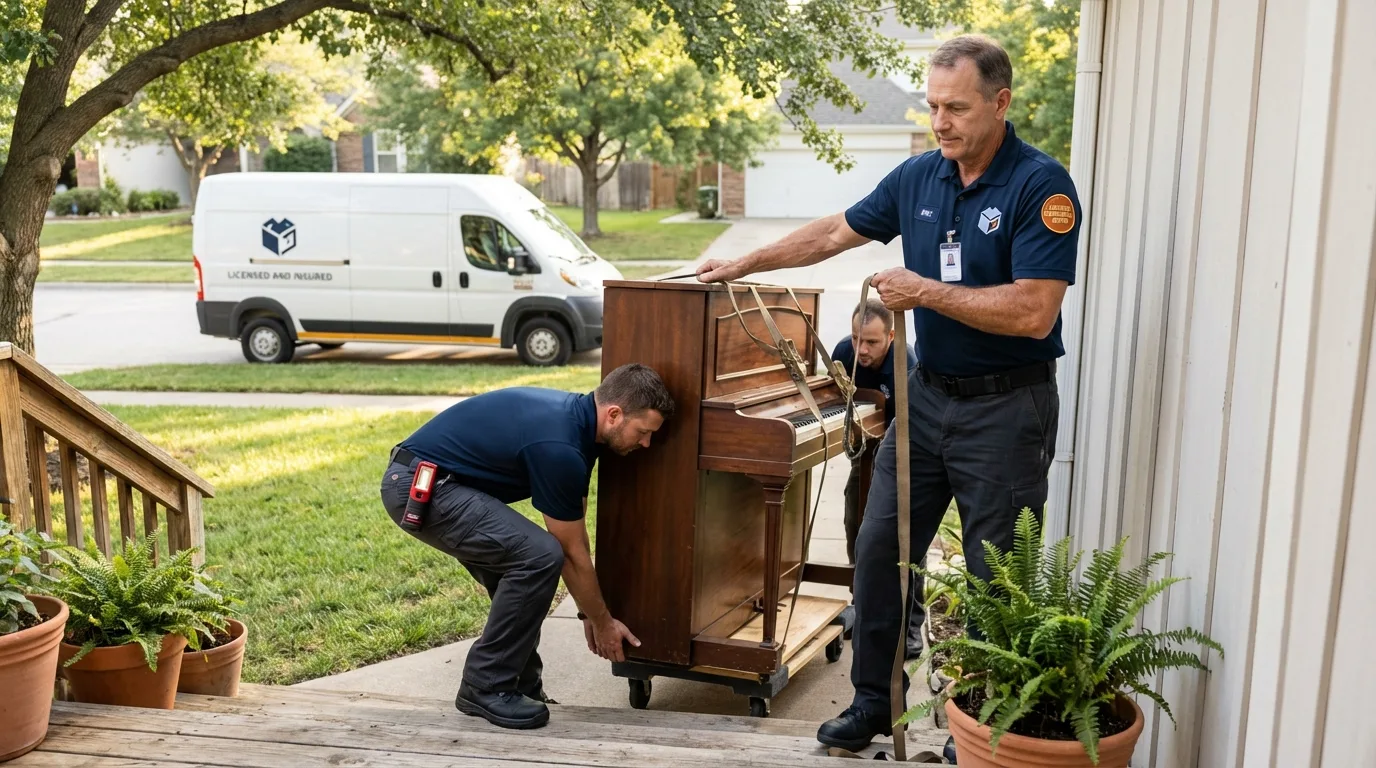 Licensed piano movers securing grand piano in Sterling, CO