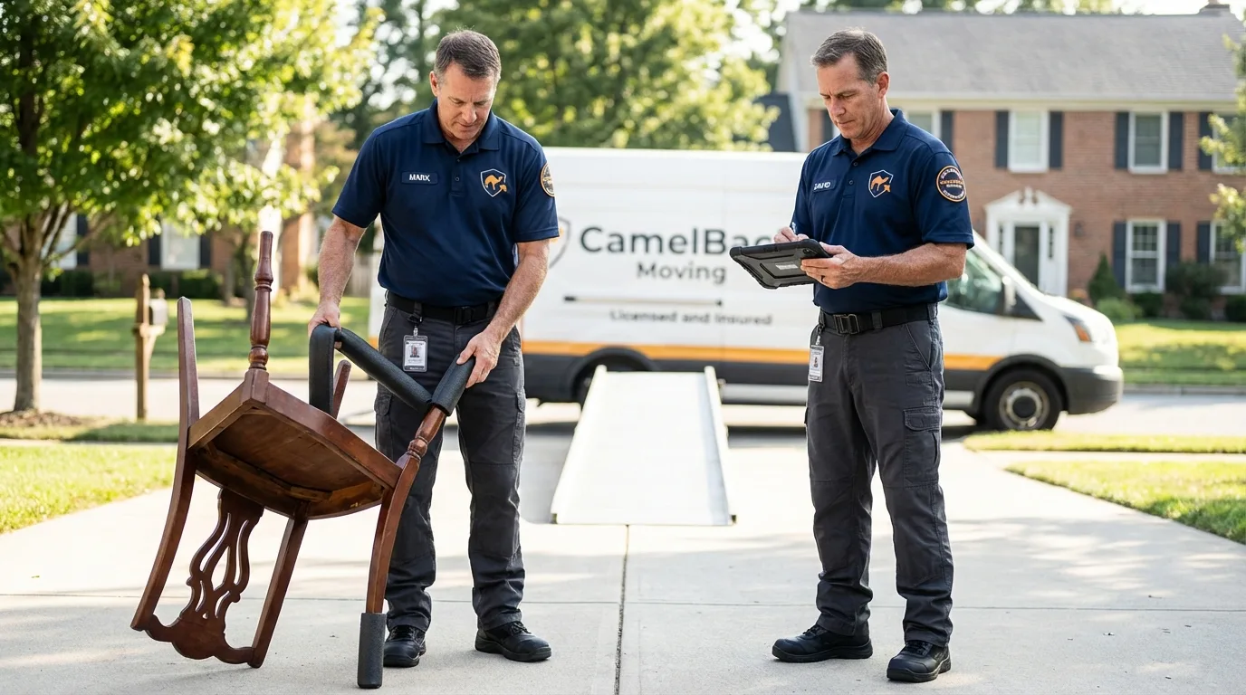 Movers inspecting furniture for damage prevention before loading in Sterling, CO